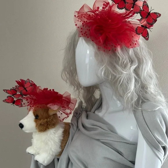 Red Holiday Fascinator Set For Owner and Pet by Crown and Collars.